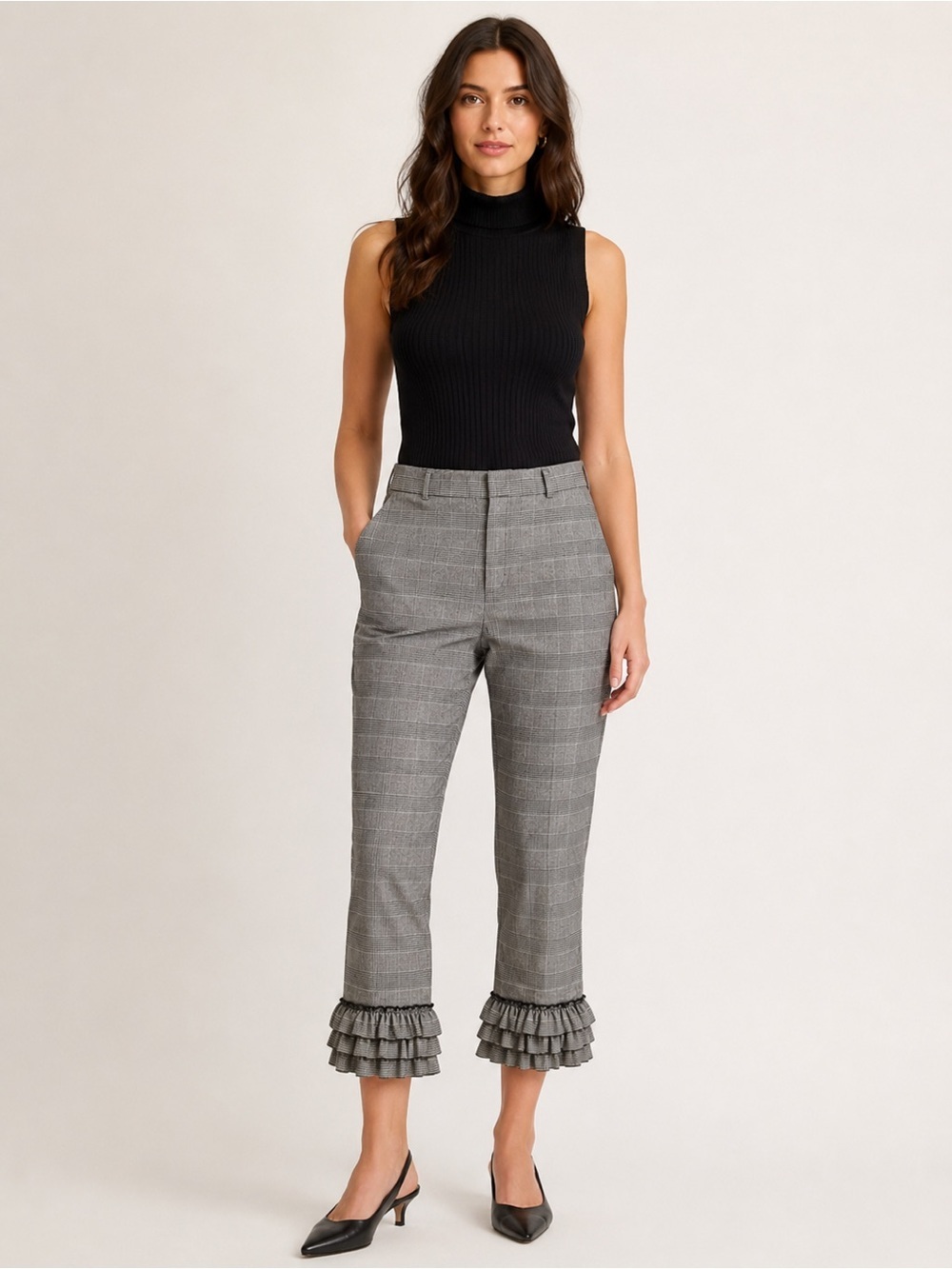Club Monaco Glen Plaid Cropped Ruffle Hem Stretch Trouser Pants